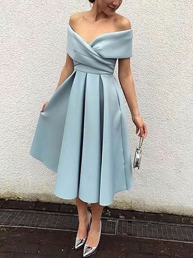 A-line Off-the-shoulder Satin Tea-length Ruffles Vintage Prom Dresses #Favs020103513