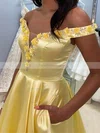 A-line Off-the-shoulder Satin Floor-length Prom Dresses With Flower(s) #Favs020109618