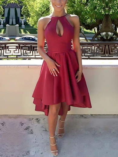 A-line Scoop Neck Satin Asymmetrical Prom Dresses #Favs020103694