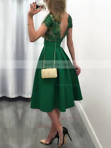 Casual A-line Scoop Neck Satin Tulle Knee-length Appliques Lace Backless Short Sleeve Prom Dresses #Favs020103716