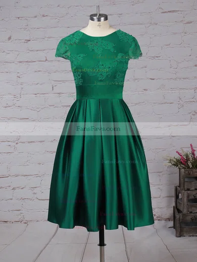 Casual A-line Scoop Neck Satin Tulle Knee-length Appliques Lace Backless Short Sleeve Prom Dresses #Favs020103716