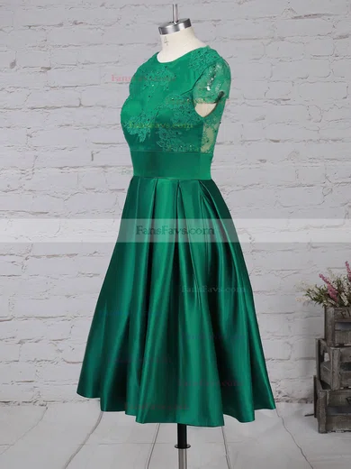 Casual A-line Scoop Neck Satin Tulle Knee-length Appliques Lace Backless Short Sleeve Prom Dresses #Favs020103716