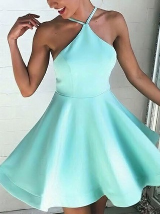 A-line Halter Satin Short/Mini Ruffles Backless Casual Prom Dresses #Favs020103769