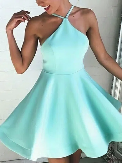 A-line Halter Satin Short/Mini Ruffles Backless Casual Prom Dresses #Favs020103769