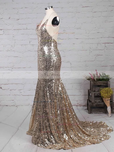 Trumpet/Mermaid V-neck Sequined Sweep Train Prom Dresses #Favs020103494