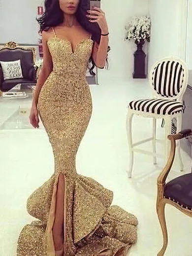 Trumpet/Mermaid V-neck Sequined Sweep Train Split Front Prom Dresses #Favs020103699