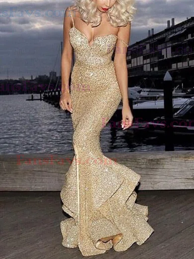 Trumpet/Mermaid V-neck Sequined Sweep Train Split Front Prom Dresses #Favs020103699