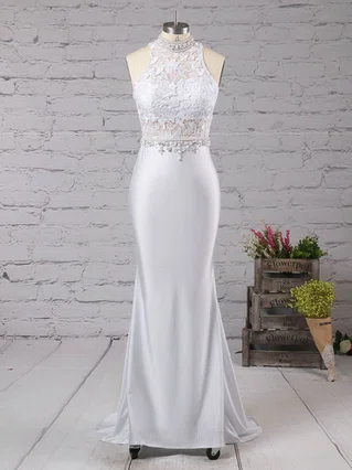 Trumpet/Mermaid High Neck Lace Jersey Sweep Train Beading Prom Dresses #Favs020104545 Trumpet/Mermaid High Neck Lace Jersey Sweep Train Beading Prom Dresses #Favs020104545