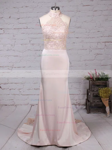 Trumpet/Mermaid Halter Jersey Court Train Appliques Lace Prom Dresses #Favs020103600