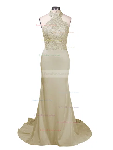 Trumpet/Mermaid Halter Jersey Court Train Appliques Lace Prom Dresses #Favs020103600