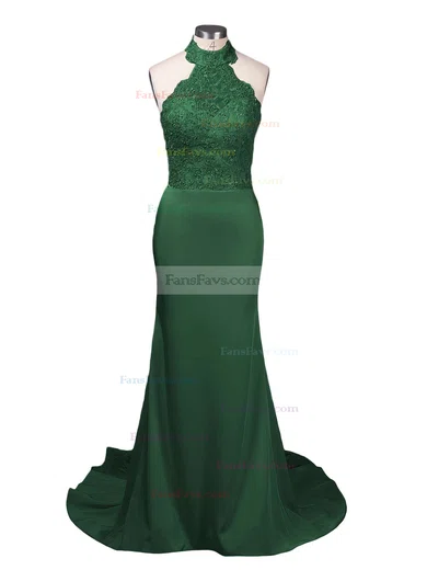 Trumpet/Mermaid Halter Jersey Court Train Appliques Lace Prom Dresses #Favs020103600