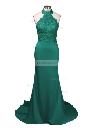 Trumpet/Mermaid Halter Jersey Court Train Appliques Lace Prom Dresses #Favs020103600