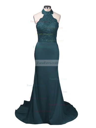 Trumpet/Mermaid Halter Jersey Court Train Appliques Lace Prom Dresses #Favs020103600