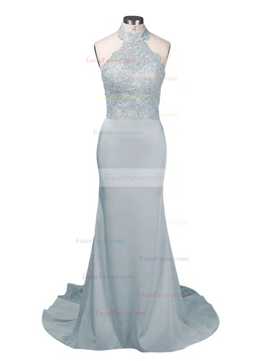 Trumpet/Mermaid Halter Jersey Court Train Appliques Lace Prom Dresses #Favs020103600