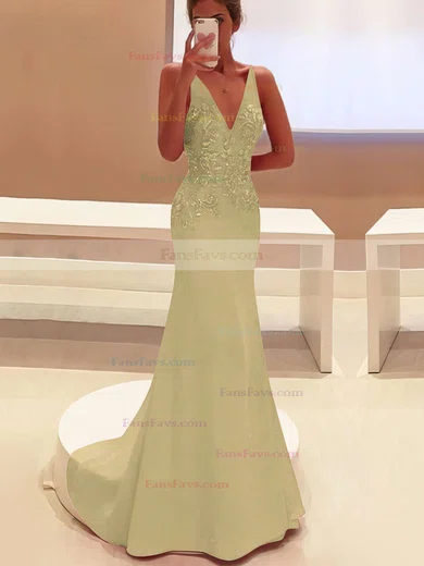 Trumpet/Mermaid V-neck Satin Sweep Train Appliques Lace Prom Dresses #Favs020103760