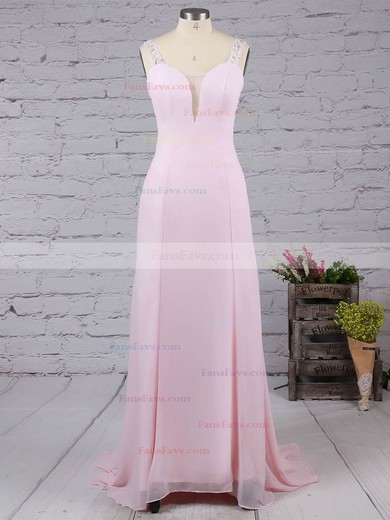 A-line V-neck Chiffon Tulle Sweep Train Beading Prom Dresses #Favs02016058