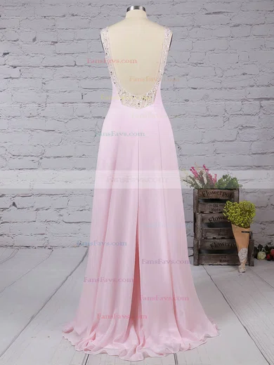 A-line V-neck Chiffon Tulle Sweep Train Beading Prom Dresses #Favs02016058