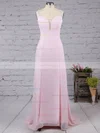 A-line V-neck Chiffon Tulle Sweep Train Beading Prom Dresses #Favs02016058