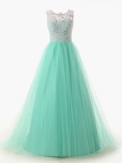 A-line Scoop Neck Lace Tulle Sweep Train Prom Dresses #Favs020101174