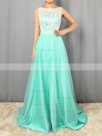 A-line Scoop Neck Lace Tulle Sweep Train Prom Dresses #Favs020101174