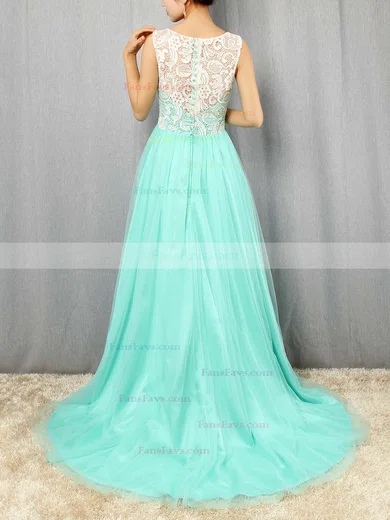 A-line Scoop Neck Lace Tulle Sweep Train Prom Dresses #Favs020101174