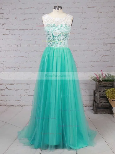 A-line Scoop Neck Lace Tulle Sweep Train Prom Dresses #Favs020101174