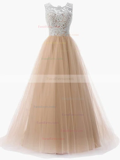 A-line Scoop Neck Lace Tulle Sweep Train Prom Dresses #Favs020101174