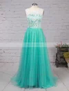 A-line Scoop Neck Lace Tulle Sweep Train Prom Dresses #Favs020101174