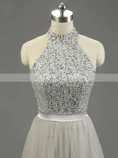 A-line High Neck Tulle Floor-length Beading Prom Dresses #Favs020101636