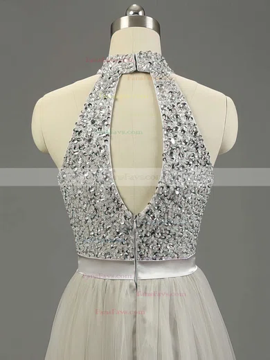 A-line High Neck Tulle Floor-length Beading Prom Dresses #Favs020101636