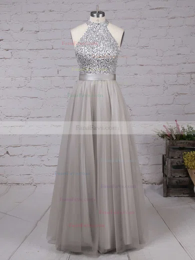 A-line High Neck Tulle Floor-length Beading Prom Dresses #Favs020101636