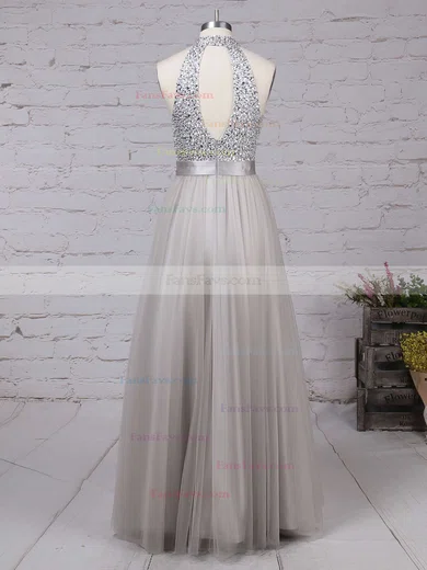 A-line High Neck Tulle Floor-length Beading Prom Dresses #Favs020101636