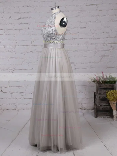 A-line High Neck Tulle Floor-length Beading Prom Dresses #Favs020101636