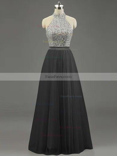 A-line High Neck Tulle Floor-length Beading Prom Dresses #Favs020101636