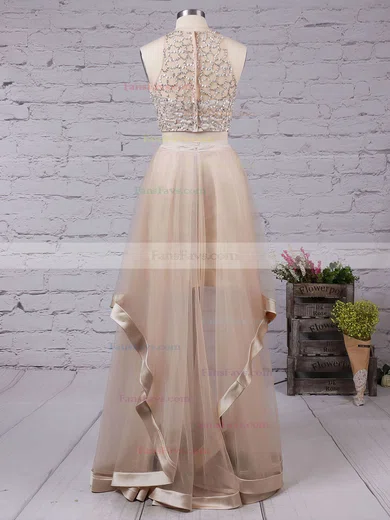 A-line Scoop Neck Tulle Floor-length Beading Prom Dresses #Favs020102393