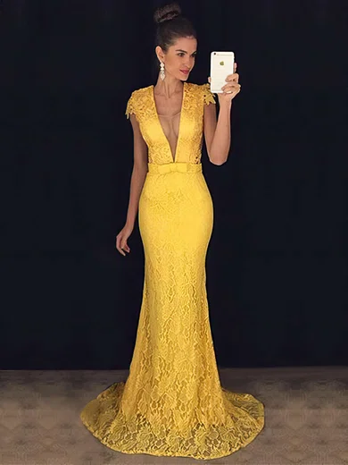 Trumpet/Mermaid V-neck Lace Sweep Train Sashes / Ribbons Prom Dresses #Favs020102449