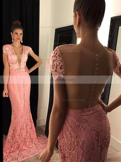 Trumpet/Mermaid V-neck Lace Sweep Train Sashes / Ribbons Prom Dresses #Favs020102449