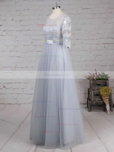 A-line Scoop Neck Tulle Floor-length Appliques Lace Prom Dresses #Favs020102645