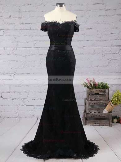 Trumpet/Mermaid Off-the-shoulder Lace Sweep Train Appliques Lace Prom Dresses #Favs020102649