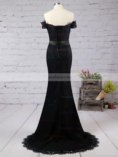 Trumpet/Mermaid Off-the-shoulder Lace Sweep Train Appliques Lace Prom Dresses #Favs020102649
