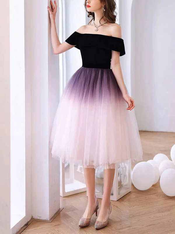 A-line Off-the-shoulder Tulle Tea-length Homecoming Dresses #Favs020111051