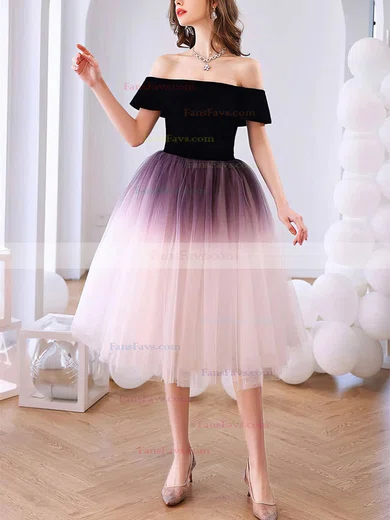A-line Off-the-shoulder Tulle Tea-length Homecoming Dresses #Favs020111051