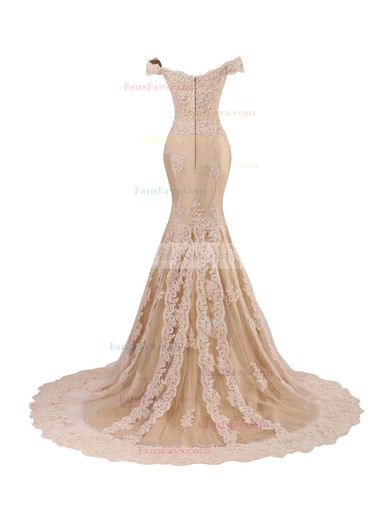Trumpet/Mermaid Off-the-shoulder Sweep Train Tulle Appliques Lace Prom Dresses #Favs020102677
