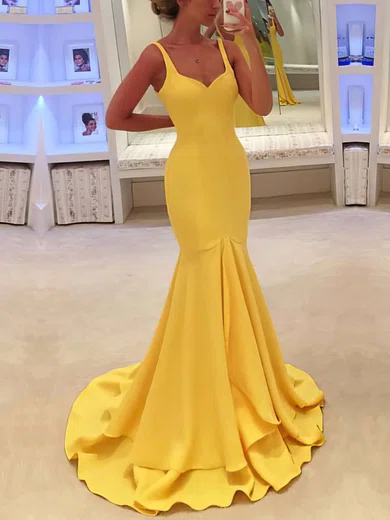 Trumpet/Mermaid V-neck Silk-like Satin Sweep Train Ruffles Prom Dresses #Favs020104529