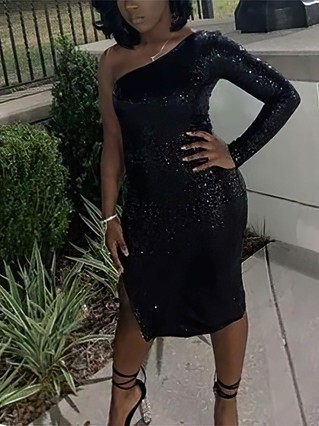 Sheath/Column One Shoulder Sequined Tea-length Homecoming Dresses #Favs020111091 Sheath/Column One Shoulder Sequined Tea-length Homecoming Dresses #Favs020111091