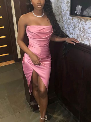 Sheath/Column Strapless Silk-like Satin Tea-length Homecoming Dresses With Split Front #Favs020111098 Sheath/Column Strapless Silk-like Satin Tea-length Homecoming Dresses With Split Front #Favs020111098