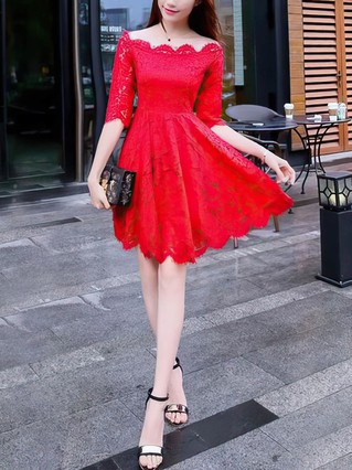 A-line Off-the-shoulder Lace Knee-length Homecoming Dresses #Favs020111104 A-line Off-the-shoulder Lace Knee-length Homecoming Dresses #Favs020111104