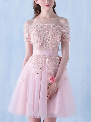 A-line Off-the-shoulder Tulle Knee-length Homecoming Dresses With Lace #Favs020111119 A-line Off-the-shoulder Tulle Knee-length Homecoming Dresses With Lace #Favs020111119