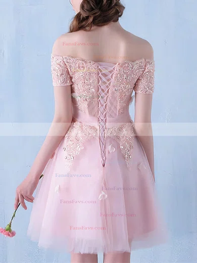 A-line Off-the-shoulder Tulle Knee-length Homecoming Dresses With Lace #Favs020111119
