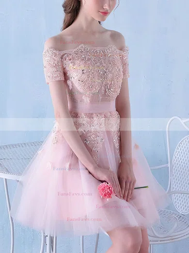 A-line Off-the-shoulder Tulle Knee-length Homecoming Dresses With Lace #Favs020111119